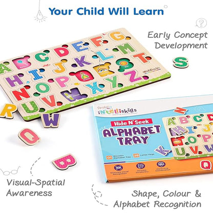 Firstcry Intelliskills Premium 26 Pieces Hide N Seek Alphabet Wooden Tray Board Puzzle | Educational and Learning Toy for Kids