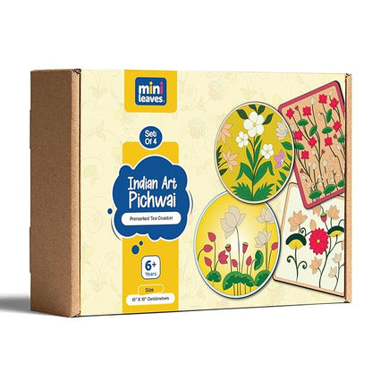 Mini Leaves Colorful Round and Square Pichwai Wooden DIY Tea Coaster Art and Craft Paint Kit | Advanced Level