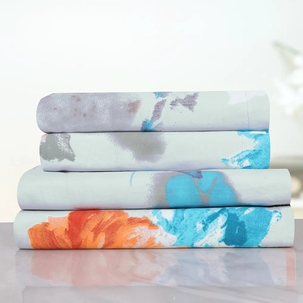 Cloth Fusion Glace Cotton Elastic Fitted Bedsheet for Double Bed King Size with 2 Pillow Covers Tropical Watercolor