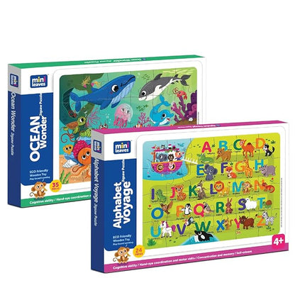 Mini Leaves 2 in 1 Combo | Premium Wooden Ocean Wonder and Alphabet Voyage Combo | Learning Puzzle Set for Kids | 59 Pieces