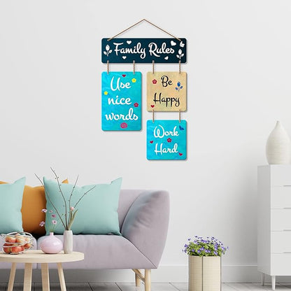 Artvibes Family Rules Decorative Wall Art Mdf Wooden Wall Hanger for Living Room