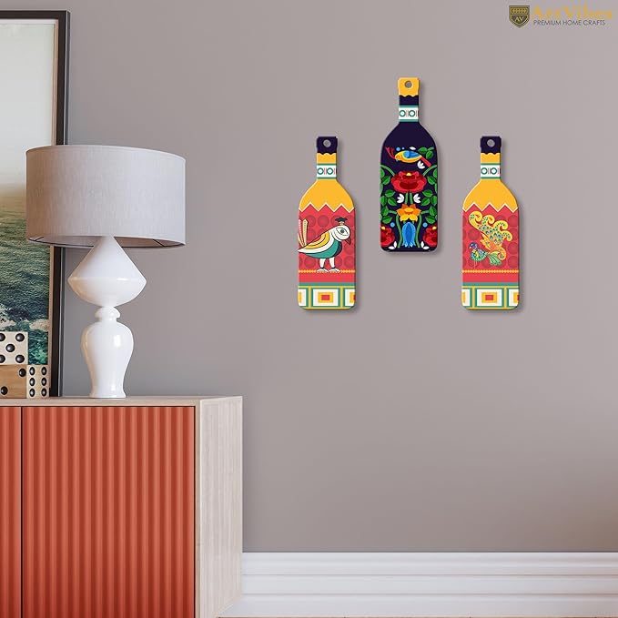 Artvibes Birds and Flower Clip Art Wooden Wall Hanging for Home Decor | Set of 3