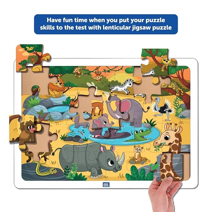 Mini Leaves 24 Piece Wooden Puzzle for Kids | Wild Safari Animals Jigsaw Puzzle | Educational Toys for Kids With Wooden Tray