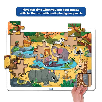 Mini Leaves 24 Piece Wooden Puzzle for Kids | Wild Safari Animals Jigsaw Puzzle | Educational Toys for Kids With Wooden Tray