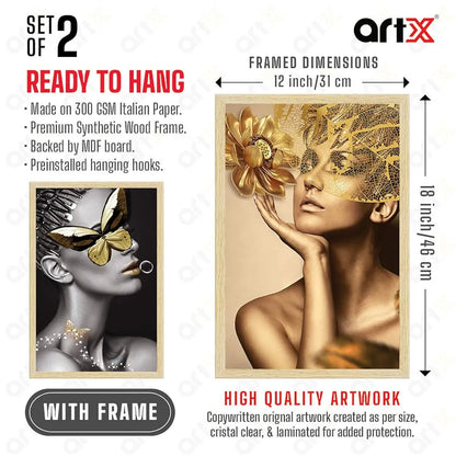 ArtX Paper Women Aesthetic Wall Decor Paintings with Frame AXII-20-GRL Set Of 2