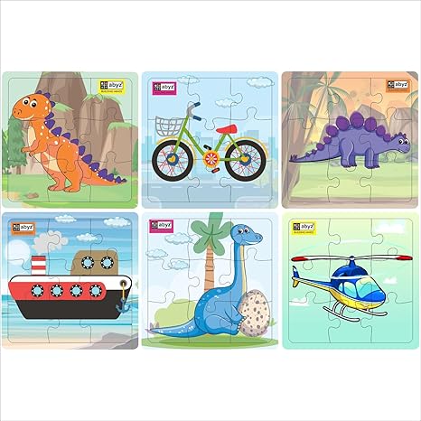 ABYZ Wooden Dinosaur and Transport (Dinosaur+Ship+Cycle+Helicopter) Puzzle 9 Pieces (Set of 6)