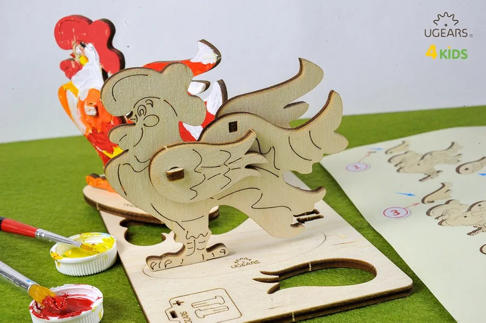 Ugears Cockerel - 3D Wooden Animal Jigsaw Puzzle Games - Kids Coloring kit - STEAM Learning Brain Games Toys & Animal Puzzles for Kids - Building Toys & Building Sets for Kids - DIY Kits for Kids