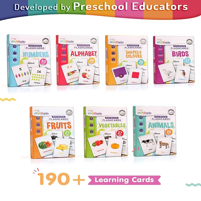 Firstcry Intelliskills Premium 7-in-1 Brain Boosting Non-tearable Flash Cards for Kids | 190 Cards | 1+ Years | Montessori Education Toy for Toddlers