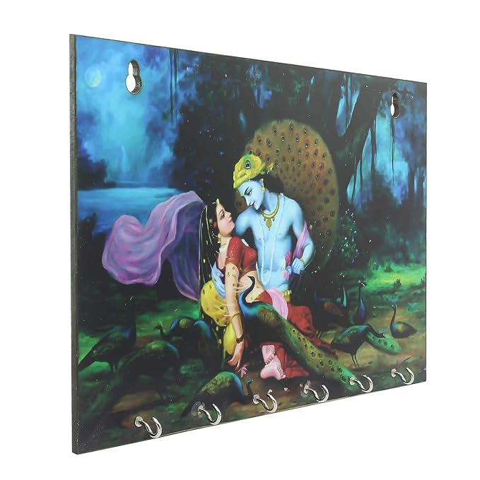 Ecraftindia Radhe Krishna Theme Wooden Key Holder With 6 Hooks