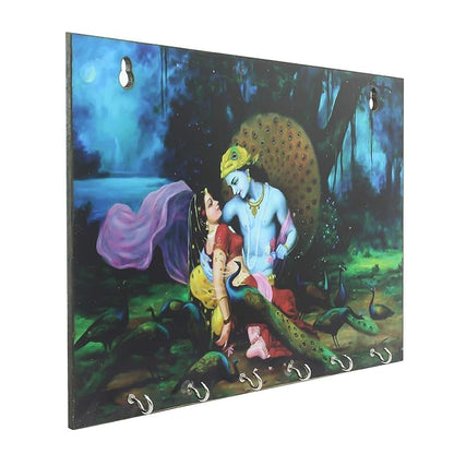 Ecraftindia Radhe Krishna Theme Wooden Key Holder With 6 Hooks