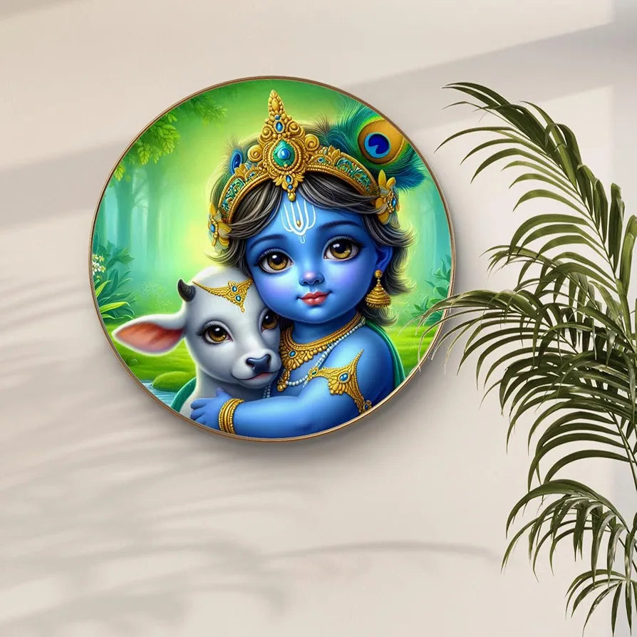 Livin'luxe Paintings Little Krishna with Calf Wall Painting with Frame - Sparkle Glossy Round Golden Framed Large