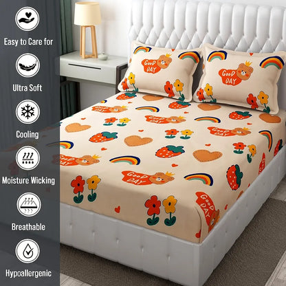 Fresh From Loom Cartoon Wrinkle Free Glace Cotton Bedsheet For Kids With 2 Pillow Cover 144 Tc Multicolor Pale