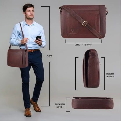 WildHorn Leather Messenger Bag for Men/Office Bag for Men | Fits Upto 15.6 Inch Laptop/MacBook | Laptop Bag/Leather Bag for Men I Dimension : L-16 inch W-3.5 inch H-12 inch