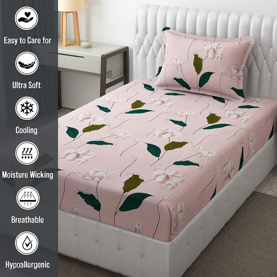 Fresh From Loom Floral King Size Bedsheet Microfiber Rotary Printed Hypoallergenic Wrinkle Free With 2 Pillow Covers Multicolor 144 TC Flamingo