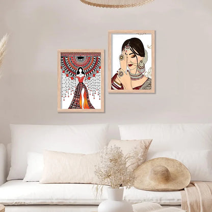Kotart Indian Woman Digital Painting with Frame Traditional Painting Pack of 2