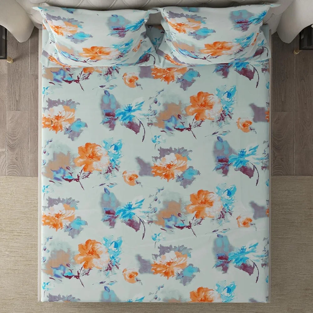 Cloth Fusion Glace Cotton Elastic Fitted Bedsheet for Double Bed King Size with 2 Pillow Covers Tropical Watercolor