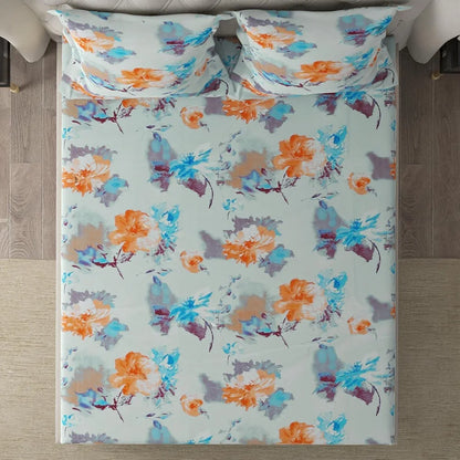 Cloth Fusion Glace Cotton Elastic Fitted Bedsheet for Double Bed King Size with 2 Pillow Covers Tropical Watercolor