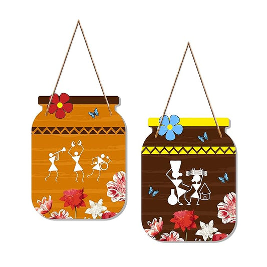 Artvibes Warli Art Decorative Wall Art Mdf Wooden Wall Hanger Ornaments for Living Room | Set of 2