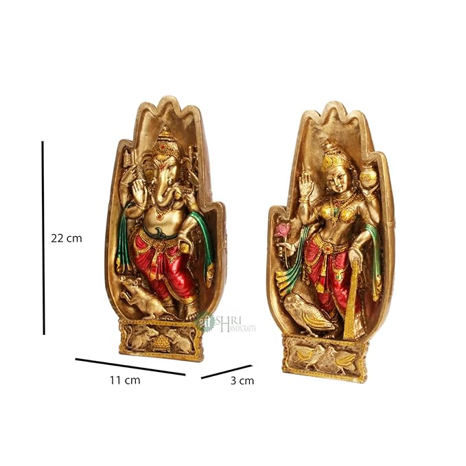Indicast 8" Inch Namaste Lakshmi Ganesh Copper Painting Idol Decorative Showpiece Handcrafted Lakshmi Ganesh Murti for Home Office