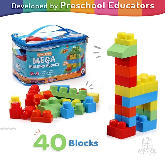 Firstcry Intelliskills Premium 40 Pcs Mega Building Blocks for Kids for 3 Years | Construction Block Set for Kids Fun Learning Educational Toy