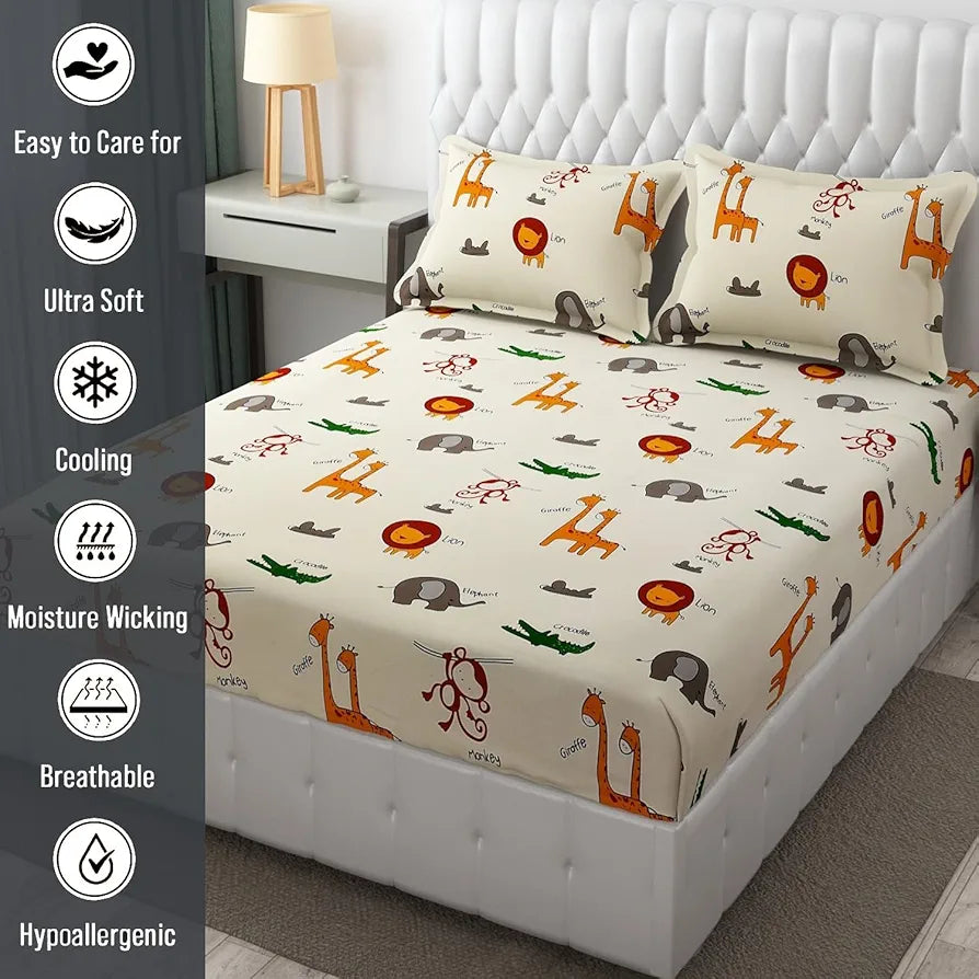 Fresh From Loom Bed Sheet with 2 Pillow Cover Cartoon Printed Double Bed King Size Bedsheet 144 TC Multi-Color 2