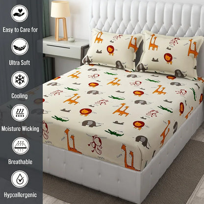 Fresh From Loom Bed Sheet with 2 Pillow Cover Cartoon Printed Double Bed King Size Bedsheet 144 TC Multi-Color 2