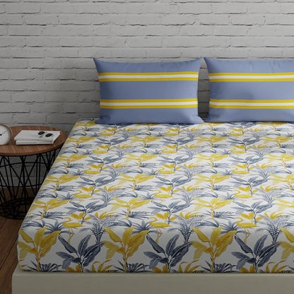 Huesland by Ahmedabad Cotton 144 TC King Size Bedsheet Cotton with 2 Pillow Covers | Flamingos & Stripes Grey & Yellow