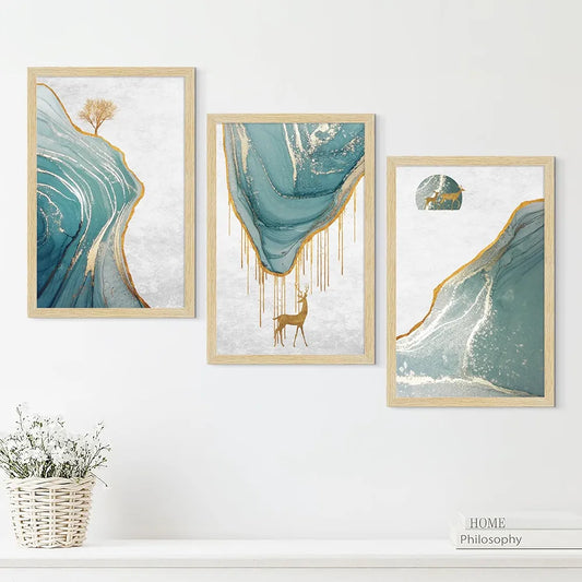 ArtX Paper Golden Deer Paintings with Frame Set of 3