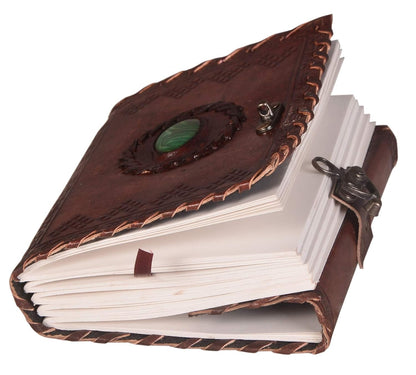CraftShades – Leather Diary with Antique Green Stone Handmade Leather Bound Diary for Men and Women Unlined 5×7 inches Size 200 Pages Travel Diary with Antique Lock Best Choice of Gift for Raksha Bandhan Day (Green Stone)