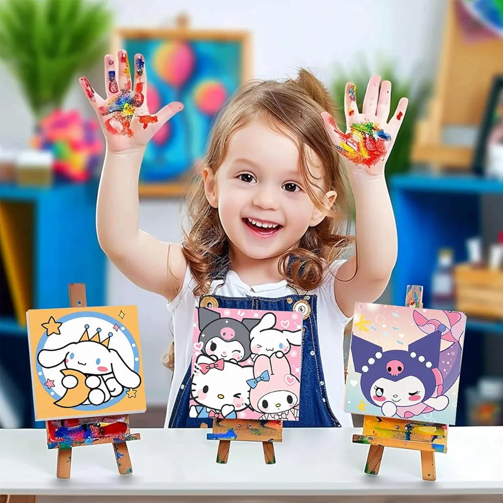 HASTHIP® 4Pcs DIY Oil Painting Paint by Numbers Kits 7.8 Inches Cartoon Sanrio Anime Framed Canvas Oil Set with Brush & Featuring Vibrant Pigments for Kids & Adult Beginners Gifting & Wall Decor