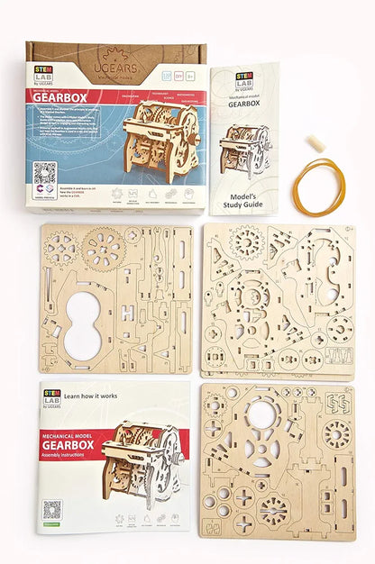 Ugears STEM Gearbox Model Kit - Creative Wooden Model Kits for Adults, Teens and Children - DIY Mechanical Science Kit for Self Assembly - Unique Educational and Engineering 3D Puzzles with App