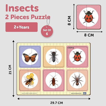 Mini Leaves 2 Piece Puzzle for Kids | Insects Jigsaw Puzzle | Set of 6 Wooden Puzzles for Kids | Educational Toys for Kids