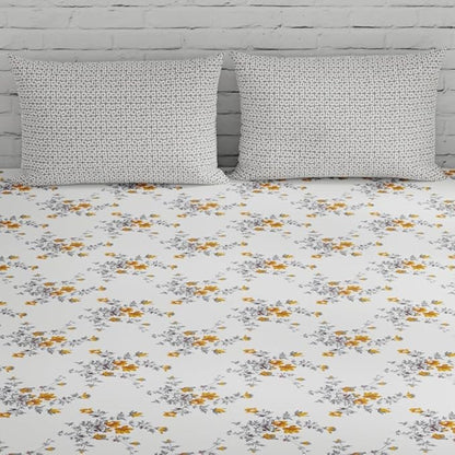 Huesland by Ahmedabad Cotton 144 TC King Size Bedsheet Cotton with 2 Pillow Covers | White, Tangerine & Grey