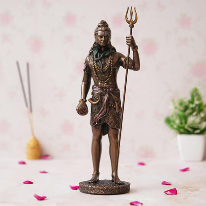Ecraftindia Polyresin Bronze Finish Standing Lord Shiva Statue With Trishul and Damru | Hindu God Idol for Puja Room