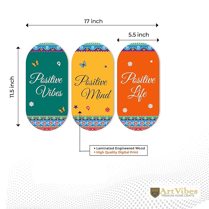 Artvibes Positive Quotes Printed Wooden Wall Hanger for Home | Modern Decoration Items | Artworks | Set of 3
