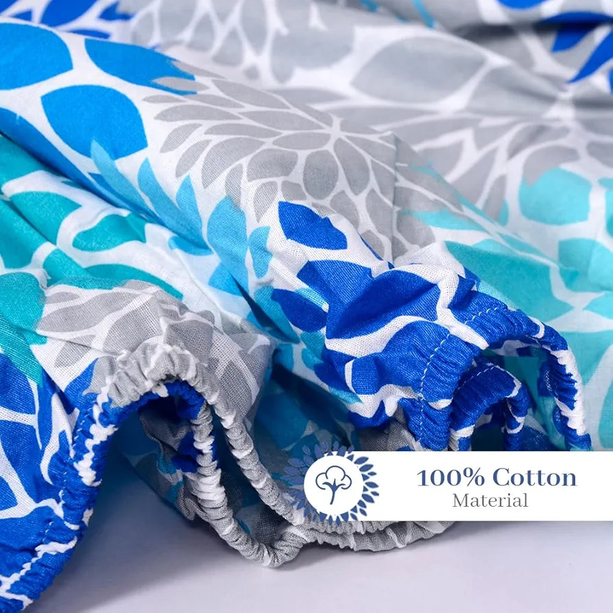 Divine Casa 144 TC Cotton Floral Print King Size Double Bed Elastic Fitted Bedsheet with 2 Pillow Cover Colour French Blue