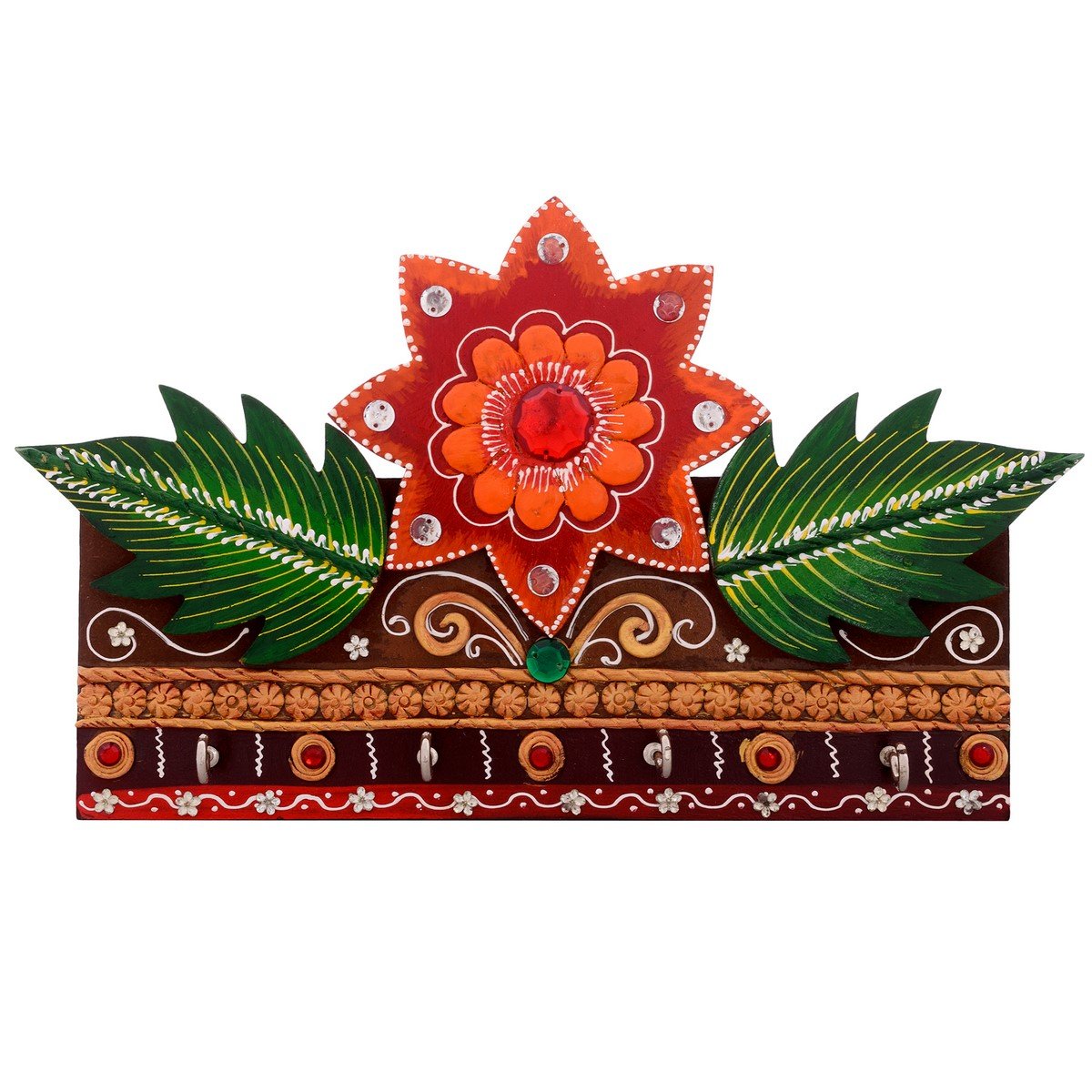 Ecraftindia Rose Leave Papier - Mache Key Holder | Red, Green and Brown