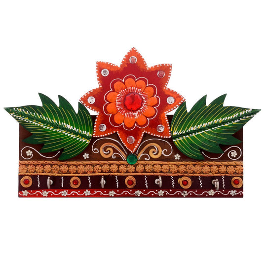Ecraftindia Rose Leave Papier - Mache Key Holder | Red, Green and Brown