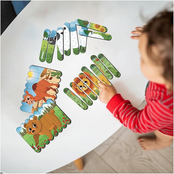 Mini Leaves Animal Theme Strip Wooden Puzzles | Picture Puzzle Strip for 3+ Years Kids | Multicolor 4 Patterns 32 Pieces