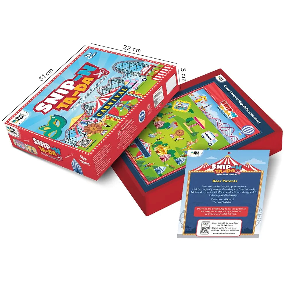 GiniMini Snip 'N' Ta-Da-Crazy Carnival – Scissor Activity Kit for Kids 4 5 6 7 | Fine Motor Development, Pre-Printed Craft Sheets, Child-Safe Snip Scissors, DIY Carnival Crafts | Fun Learning Gift