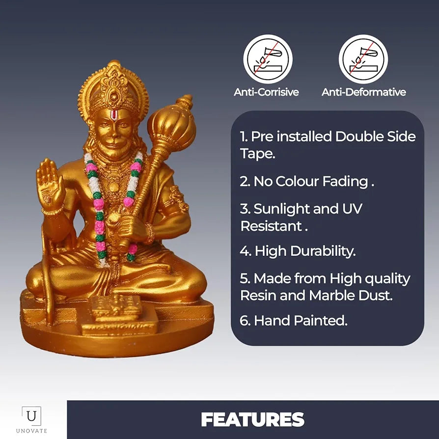 Unovate Resin Hanuman Idol for Car Dashboard Gold 10 Cm,8 Cm