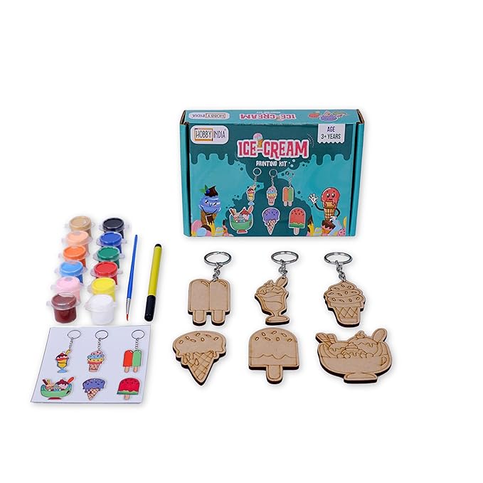 Hobby India Ice-cream Theme Keychains & Fridge Magnets Painting Kit's for 3+ Age Kid's | Best Art &m Craft Kits