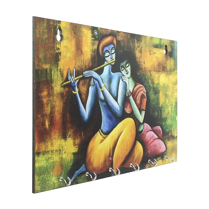 Ecraftindia Radhe Krishna Theme Wooden Key Holder With 6 Hooks