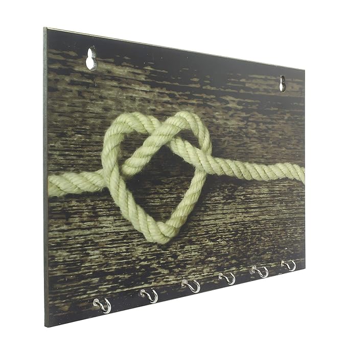 EcraftIndia Heart Made of Rope Theme Wooden Key Holder with 6 Hooks