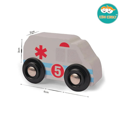 KIDS KINDLY Mini Vehicle Wooden Toys - Age 3 & Set of 6 Ambulance Wooden Small Toys for Kids, Cars Set Classic Rescue & Construction Vehicles Driving Cars for Boys Girls Educational Plays