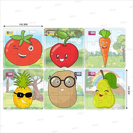 ABYZ Wooden Fruit and Vegetable Pineapple+Apple+Pear+Tomato+Potato+Carrpot Puzzle 9 Pieces (Set of 6)