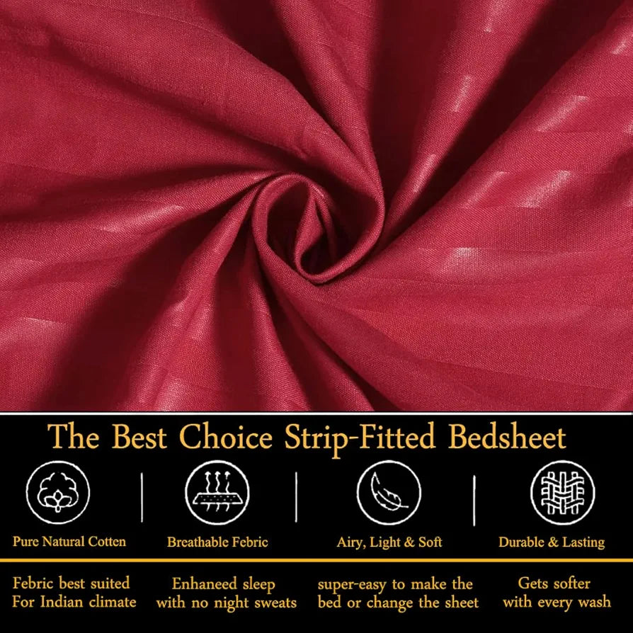Fresh From Loom 240 TC Satin Striped Soft Fitted Bedsheet King Size Bed with Two Pillow Cover Elastic Multicolor Maroon