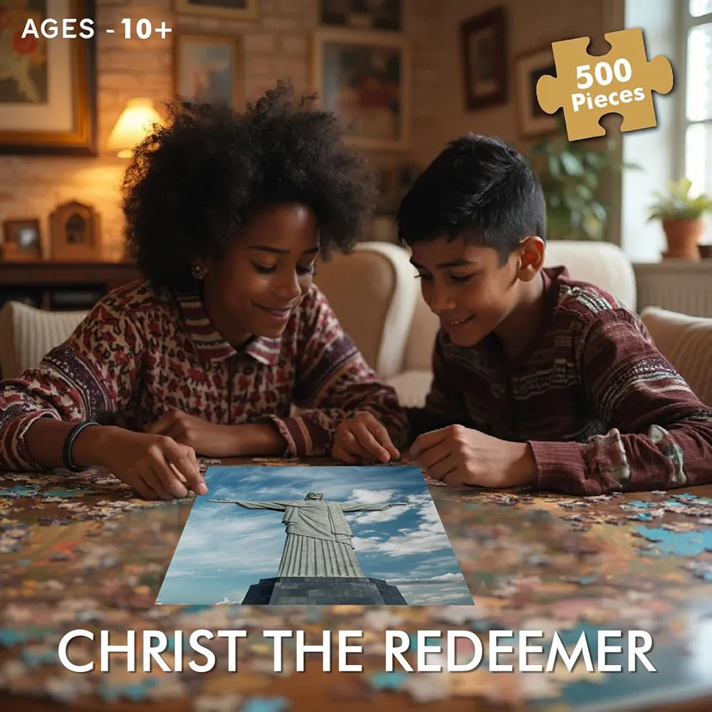 Popcorn Games & Puzzles with Architectural Marvels of Christ The Redeemer - 500 Piece Jigsaw Puzzle for 12+ Kids and Adults