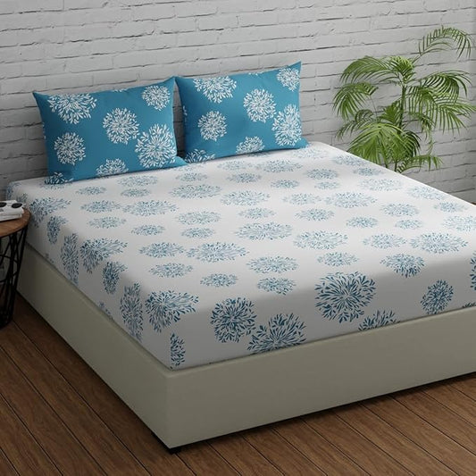 Huesland by Ahmedabad Cotton 144 TC Cotton Bedsheet for Double Bed King Size with 2 Pillow Covers | White & Blue