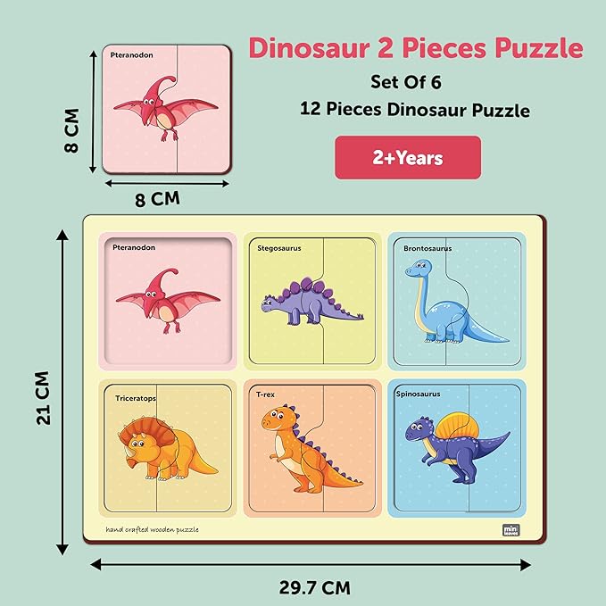 Mini Leaves 2 Piece Puzzle for Kids | Dinosaurs Jigsaw Puzzle | Set of 6 Wooden Puzzles for Kids | Educational Toys for Kids